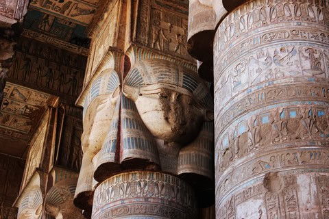
The Temple of Hathor at Dendera featuring well-preserved ancient Egyptian columns